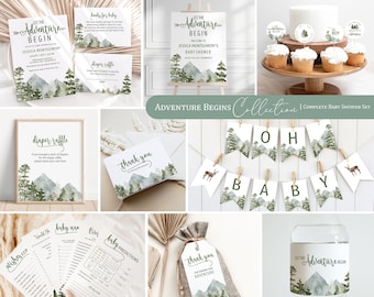 May include: A complete baby shower set with a woodland theme. The set includes a welcome sign, diaper raffle cards, thank you cards, a banner, water bottle labels, and other printable items. The design features watercolor illustrations of mountains, trees, and a deer.