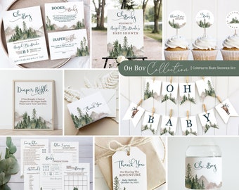 Puede incluir: Un conjunto completo de baby shower con temática de bosque. El conjunto incluye invitaciones, tarjetas de agradecimiento, un cartel de rifa de pañales, un cartel de bienvenida, una pancarta, adornos para cupcakes, etiquetas para botellas de agua y tarjetas de juegos. El diseño presenta una ilustración de acuarela de una cordillera con pinos y un ciervo.