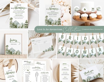 Love Is An Adventure  Bridal Shower Bundle | Mountain Bridal Shower Set |  Watercolor Forest Bridal Shower Invitation, Games and Decor