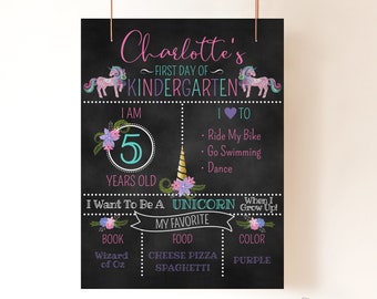 Unicorn First Day Of School Chalkboard Sign, Editable Back To School Sign, Kindergarten Sign With Unicorns, Personalized Sign, Sign Template