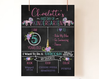 Unicorn First Day of School Chalkboard Sign, Editable Template