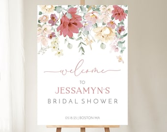 Può includere: Un cartello di benvenuto bianco con un design floreale in tonalità rosa, giallo e verde. Il testo recita "Benvenuti al Bridal Shower di Jessamyn 05.18.25 | Boston MA".