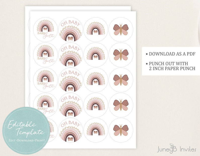 Boho Rainbow Baby Shower Cupcake Toppers Editable Template Etsy