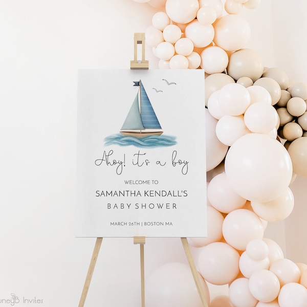 Sailboat Baby Shower Welcome Sign | Nautical Shower Welcome | Ahoy It's A Boy Baby Shower | Boy Baby Shower Welcome Sign Template