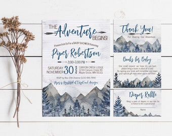 The Adventure Begins Baby Shower Invite, Watercolor Trees and Mountains Baby Shower Invitation, Woodland Baby Shower, Matching Inserts