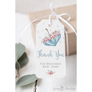 Espolvorear etiqueta de favor de baby shower con paraguas azul y rosa, etiqueta de regalo, etiqueta de agradecimiento, plantilla editable, imprimible