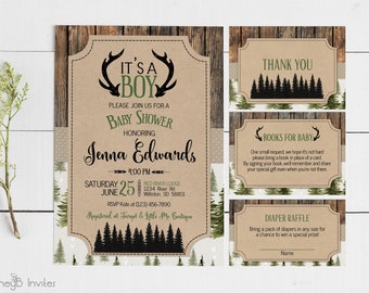 Deer Antlers Baby Shower Invitation, Rustic Boy Invite (Digital Download)
