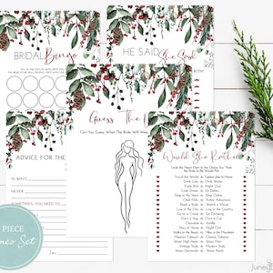 Merry Little Bridal Shower Games Bundle, Christmas Bridal Shower Games With Watercolor Greenery and Berries