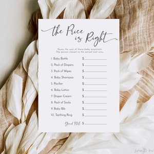 Minimalist The Price Is Right Baby Shower Game Template | Calligraphy Baby Game | Script Baby Shower Games | Printable Baby Shower Games