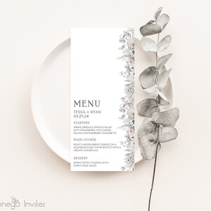 Watercolor Wedding Menu Template with Flowers, Floral Wedding Menu for Dinner Reception, Dinner Menu Printable, Editable Template in Corjl
