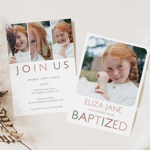 May include: Two rectangular baptism invitation cards featuring photographs of a child with red hair. The text reads JOIN US, SATURDAY 29TH AUGUST, 9:00 AM, West Point Stone Center, 1234 Chapel Lane, Boston, MA, ELIZA JANE HAS CHOSEN TO BE BAPTIZED.