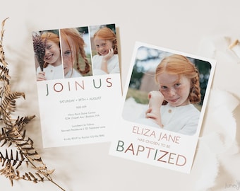 Modern LDS Baptism Invitation Template Editable Photo Collage Invite for Girl Minimal (Printable)