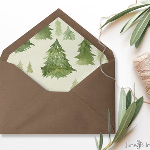 Protège-enveloppe imprimable aquarelle arbres à feuilles persistantes, modèle d'enveloppe bois, forêt aquarelle, douche bois