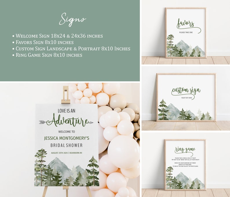 Love Is An Adventure Bridal Shower Bundle Mountain Bridal Shower Set Watercolor Forest Bridal Shower Invitation, Games and Decor imagem 3