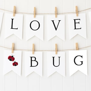 Puede incluir: Una pancarta que deletrea "LOVE BUG" está colgada sobre un fondo blanco. Las letras son negras, y la pancarta incluye un corazón rojo e ilustraciones de mariquitas. La pancarta está sujeta con pinzas de madera.