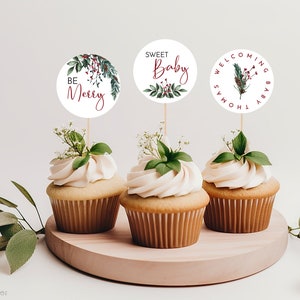 Merry Little Baby Shower Cupcake Toppers With Berries and Greenery | Christmas Baby Shower Decorations | Winter Baby Shower