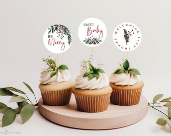 Merry Little Baby Shower Cupcake Toppers With Berries and Greenery | Christmas Baby Shower Decorations | Winter Baby Shower