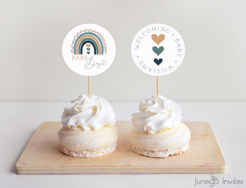 Boho Rainbow Baby Shower Cupcake Toppers Editable Template Etsy