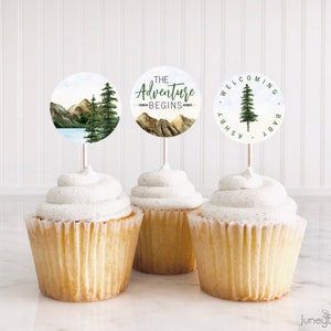 The Adventure Begins Cupcake Toppers, Watercolor Trees, Mountain Baby Shower, Mountain Scene, Editable Template