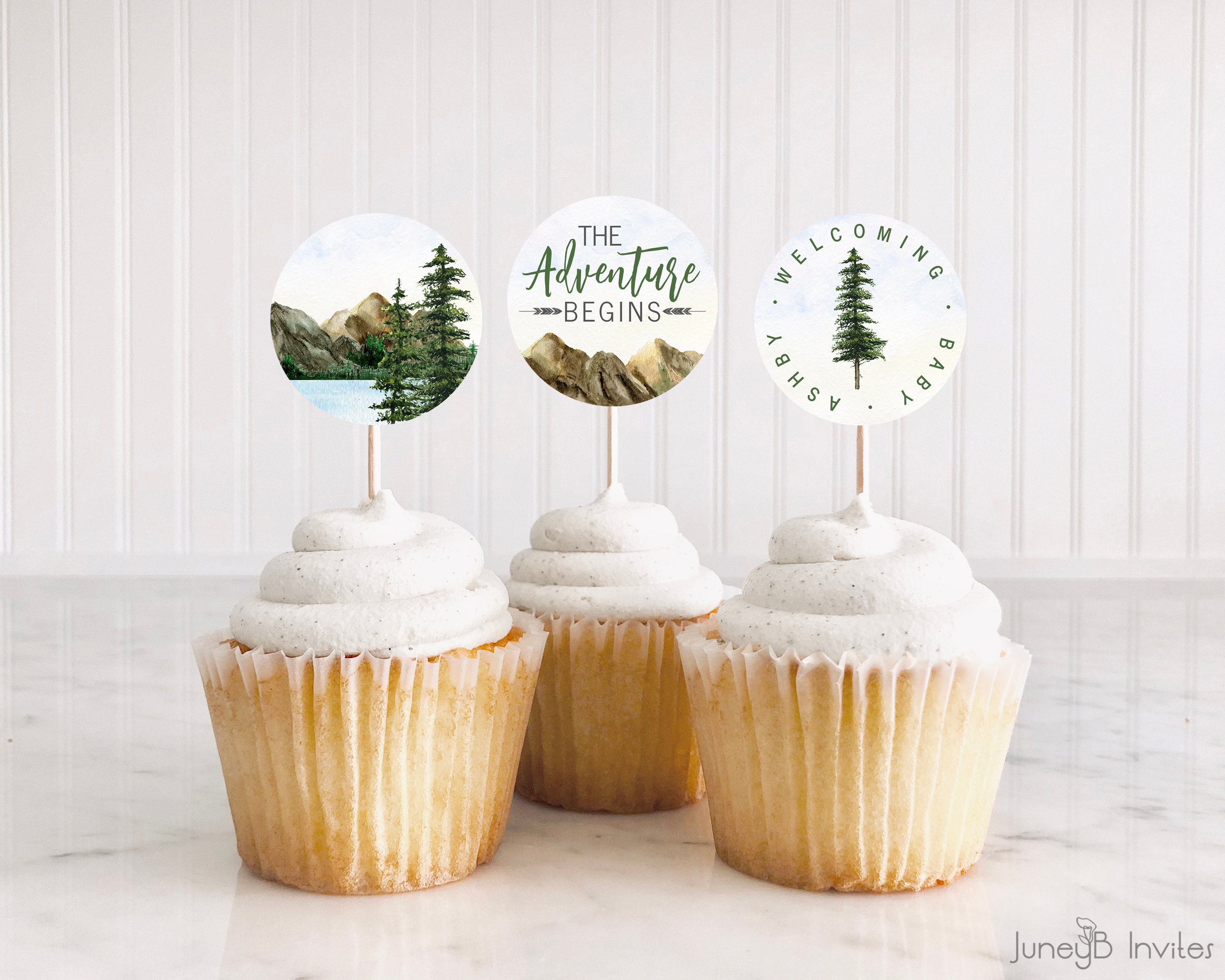 The Adventure Begins Cupcake Toppers, Watercolor Trees, Mountain Baby Shower, Mountain Scene, Editable Template