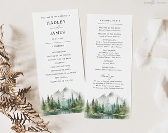 May include: Wedding ceremony program with a watercolor illustration of a mountain lake and forest. The program lists the order of events for the ceremony, including the processional, seating of the families, entrance of the bride, greeting, exchange of vows, exchange of rings, pronouncement of marriage, recessional, and reception to follow. The program also includes a list of the wedding party members, including the parents of the bride and groom, bridesmaids, groomsmen, officiant, and flower girls. The program ends with a thank you message to guests.