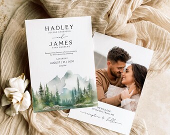 May include: Wedding invitation with a watercolor illustration of a mountain range and forest. The invitation is for Hadley and James, with the date August 25, 2030, at 5:00 PM. The reception will be held at The Wild Oak, 125 Oak Drive, Boston, MA.