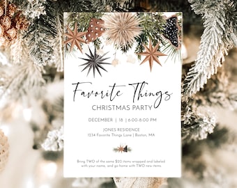 May include: A Christmas party invitation with a white background and a festive design featuring brown, black, and white stars and greenery. The text reads "Favorite Things Christmas Party" with the date, time, and location information below.