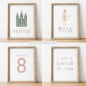 May include: A set of four framed prints in wooden frames. The first shows a green temple with the text I LOVE TO SEE THE TEMPLE. The second shows a figure with the text WALK WITH ME. The third shows the number 8 and GREAT TO BE. The fourth says I AM A CHILD OF GOD.