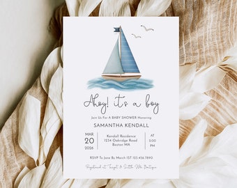 May include: Ahoy! It's a boy baby shower invitation with a blue sailboat on a watercolor wave background. The invitation includes the date, time, location, and RSVP information.