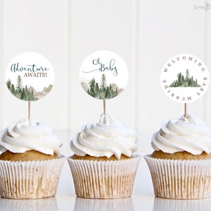 Oh Baby Adventure Awaits Watercolor Forest Cupcake Toppers, Mountain Baby Shower Cupcake Toppers, Watercolor Trees Baby Shower Decor