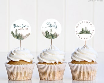 Oh Baby Adventure Awaits Watercolor Forest Cupcake Toppers, Mountain Baby Shower Cupcake Toppers, Watercolor Trees Baby Shower Decor