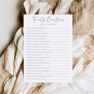 Minimalist Bridal Shower Game | 20 Questions About The Bride | Editable Printable | Bachelorette Party Quiz | Modern Bridal Shower Game
