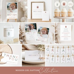 Op de afbeelding: Een collectie doopfeest-briefpapier inclusief een welkomstbord, berichtkaart, cupcake-toppers, waterfleslabels, uitnodigingen, een programma, bedankkaart, voedseletiket en een slinger met de tekst GREAT TO BE EIGHT.