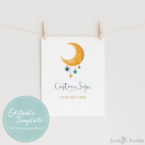 Over the Moon Custom Sign Template, Watercolor Moon and Stars Baby ...