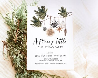 May include: A white invitation card with a watercolor illustration of a pine branch with ornaments hanging from it. The text reads "A Merry Little Christmas Party" with details about the party, including the date, time, location, and RSVP information.