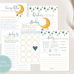 Over The Moon Baby Shower Games Set, Twinkle Twinkle Little Star Watercolor Moon and Stars Shower Games, Blue and Gold Stars