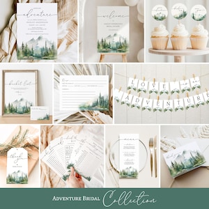 May include: A collection of printable wedding shower decorations with a watercolor mountain and forest theme. The decorations include invitations, a welcome sign, a banner, a bucket list, a recipe card, a thank you card, a game card, a menu card, and cupcake toppers. The text on the banner reads "Love is an Adventure".