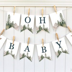 Oh Baby Watercolor Forest Baby Shower Banner, Mountain Baby Shower Banner, Watercolor Mountain Scene Oh Baby Banner, Oh Baby Shower