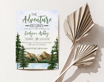 The Adventure Begins Baby Shower Invite, Watercolor Trees Baby Shower Invitation, Mountain Scene, Woodland Baby Shower, Editable Template