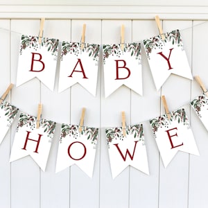 Christmas Baby Shower Banner Template | Merry Little Baby Shower Custom Banner |  Editable Banner | Winter Greenery Baby Shower Banner