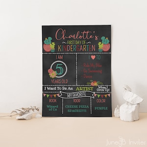 First Day Of School Chalkboard Sign With Cactus and Flowers, Editable Back To School Sign, Kindergarten Sign With, Printable Sign
