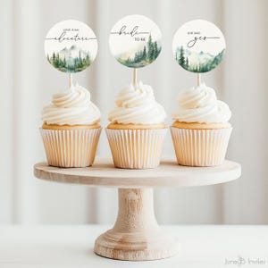 Rustieke bruids douche cupcake toppers bewerkbare sjabloon bos berg thema (afdrukbaar)