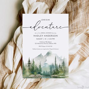 Liebe ist eine Abenteuer-Brautparty-Einladung | Das Abenteuer beginnt Aquarell Bäume Brautdusche Einladung | Bergszene