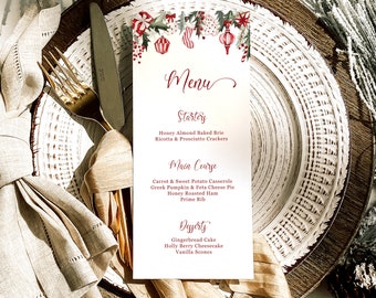 May include: A Christmas menu with a festive red and green design. The menu includes starters, main course, and desserts. The starters are honey almond baked brie and ricotta & prosciutto crackers. The main course is carrot & sweet potato casserole, Greek pumpkin & feta cheese pie, honey roasted ham, and prime rib. The desserts are gingerbread cake, holly berry cheesecake, and vanilla scones.