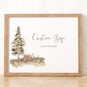 Plantilla de signo personalizado de Woodland Baby Shower / Signo de baby shower de aventura / Bosque de acuarela / Signo de baby shower de ciervo bebé / Plantilla editable