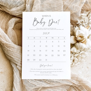 Minimalistische Spielvorlage „Wann ist das Baby fällig“ | Fälligkeitsdatum Babyparty-Kalender-Spielkarte | Baby-Vorhersagespiel | Baby-Geburtstagsspiel