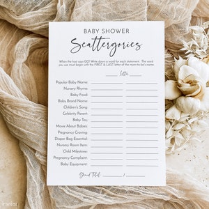 Babyparty Scattergories Spiel | Minimalistische Scattergories Spielkarte | Druckbare Babyparty Spiele | Bearbeitbare Vorlage