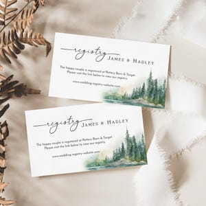 Cartão de Registro de Casamento de Montanha | Inserção de Registro de Casamento | Tema de Floresta em Aquarela | Registro de Casamento de Aventura | Casamento Inspirado na Natureza