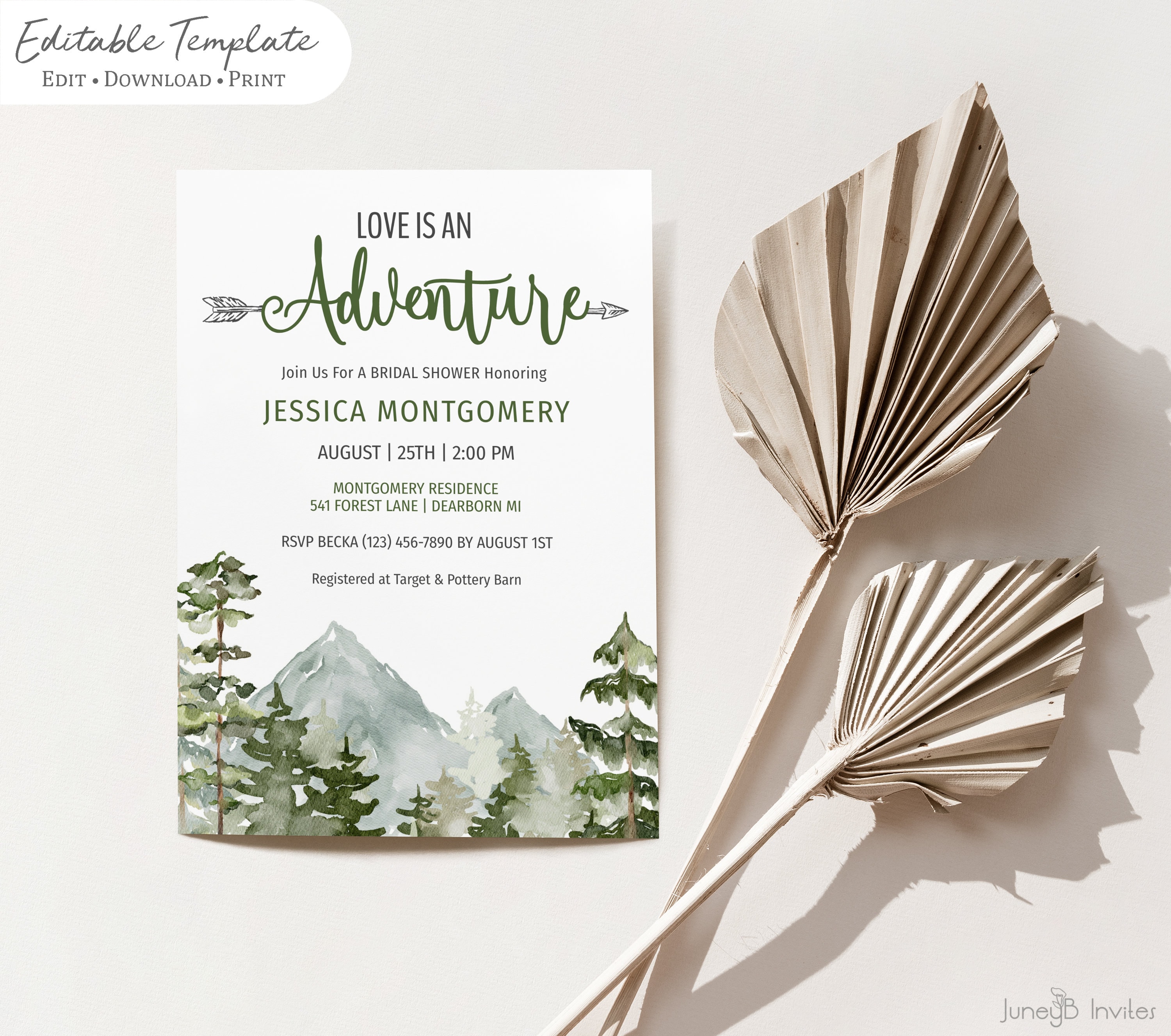 Adventure Bridal Shower Invitation | Watercolor Mountain Scene ...