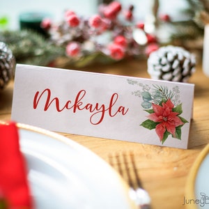 Biglietto da visita Poinsettia, biglietti da visita per la tavola di Natale, segnaposto per feste, biglietti da visita modificabili, download istantaneo